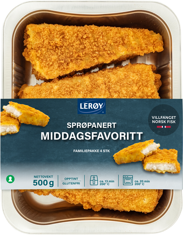 Forpakningsbilde av Sprøpanert Middagsfavoritt. Panerte fileter i alufilm sett ovenfra, med etikett